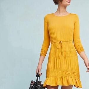 ANTHROPOLOGIE Dolan Ingrid Tiered Ruffle Jersey Dress Mustard Yellow XS